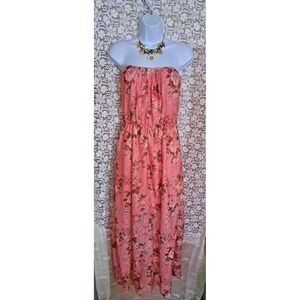 No Boundaries Dress XL 15-17 Coral Maxi Floral Print Strapless Bohemian Beachy